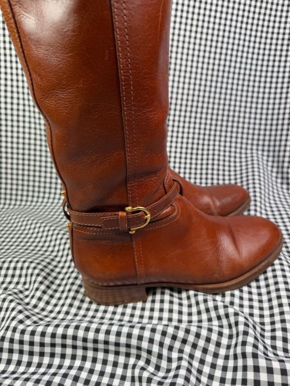 Tory Burch Nadine Brown Leather Riding Boots Womens 7 M Tall Gold Logo - Picture 6 of 8